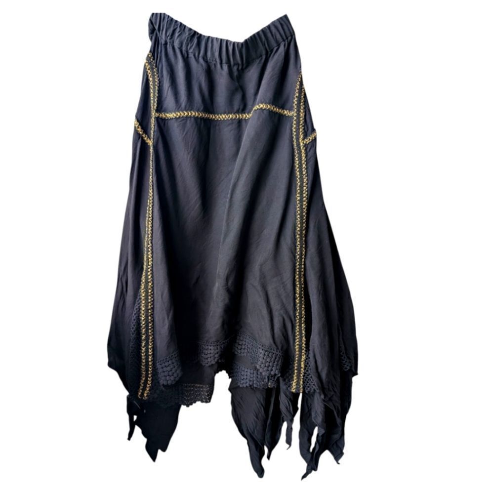 Ixiah Black and Gold Asymmetrical Handkerchief Hem Twirly Midi Skirt Size M - Picture 3 of 14